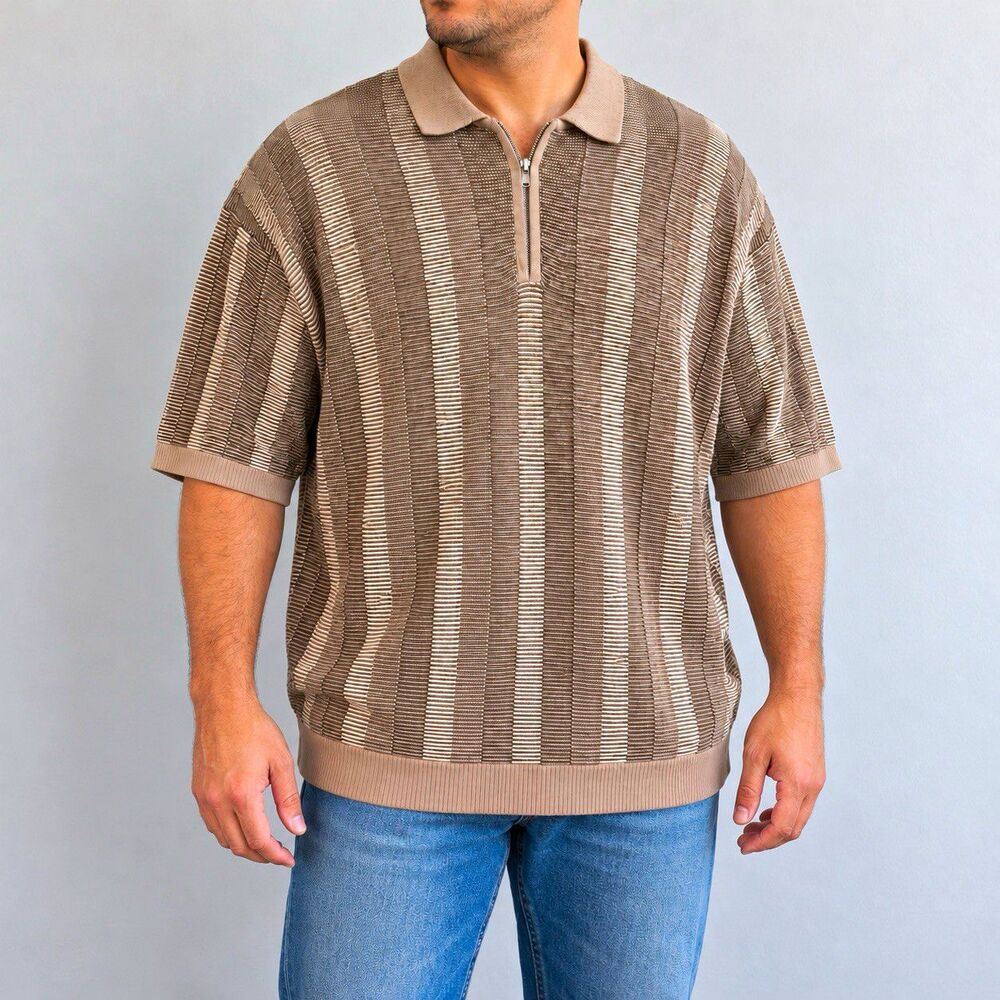 Abercrombie & Fitch Polo Sweater Mens XXL Taupe Striped Knit Quarter Zip